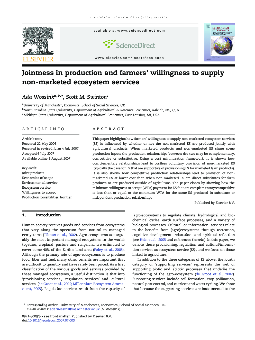 Jointness in production and farmers' willingness to supply non-marketed ecosystem services