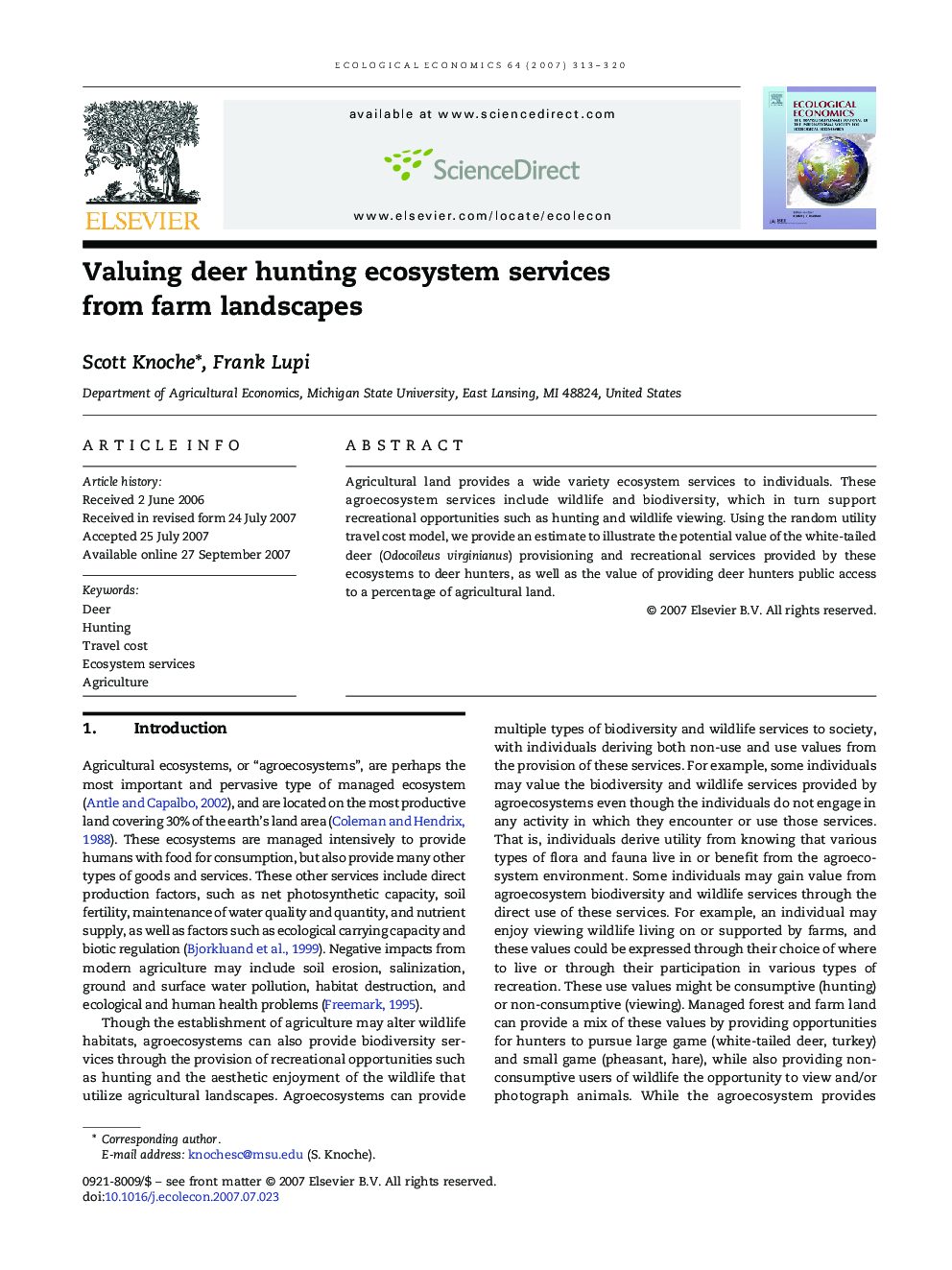 Valuing deer hunting ecosystem services from farm landscapes