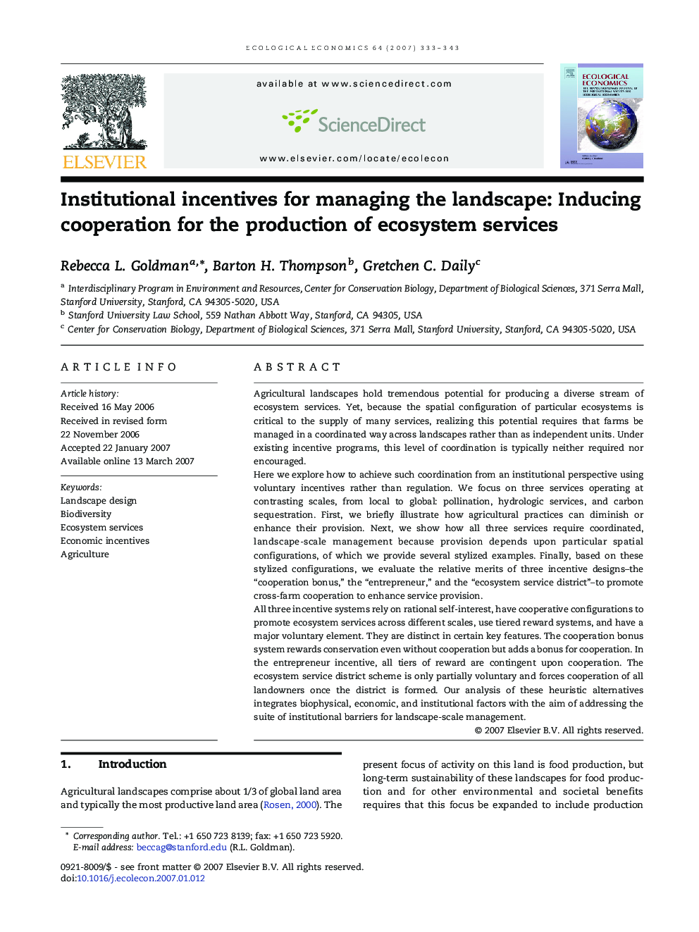 Institutional incentives for managing the landscape: Inducing cooperation for the production of ecosystem services