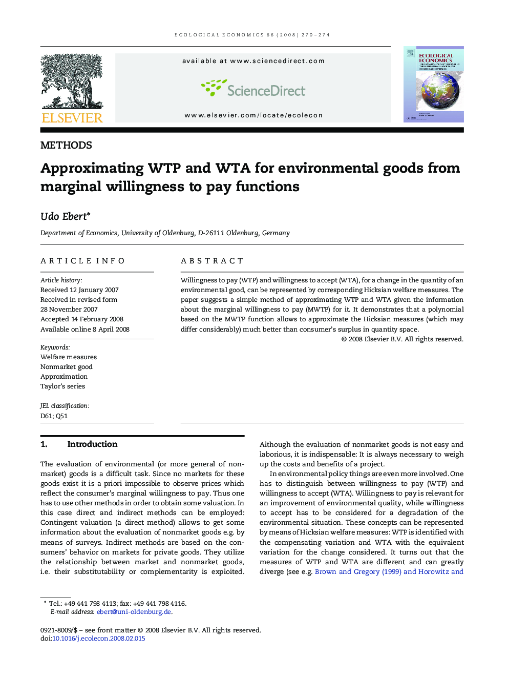 METHODSApproximating WTP and WTA for environmental goods from marginal willingness to pay functions