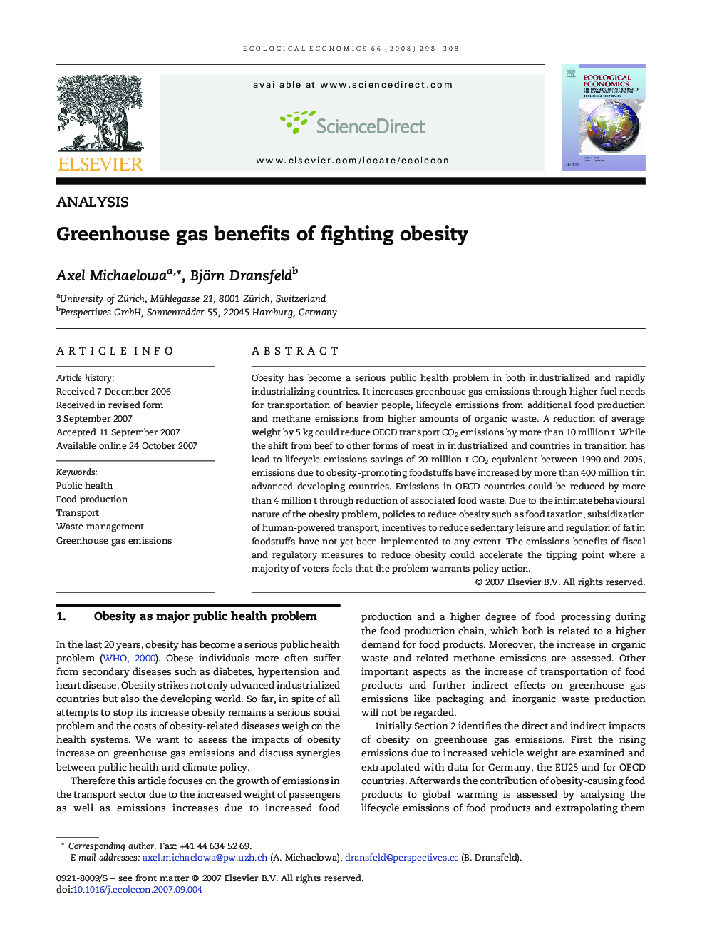 Greenhouse gas benefits of fighting obesity