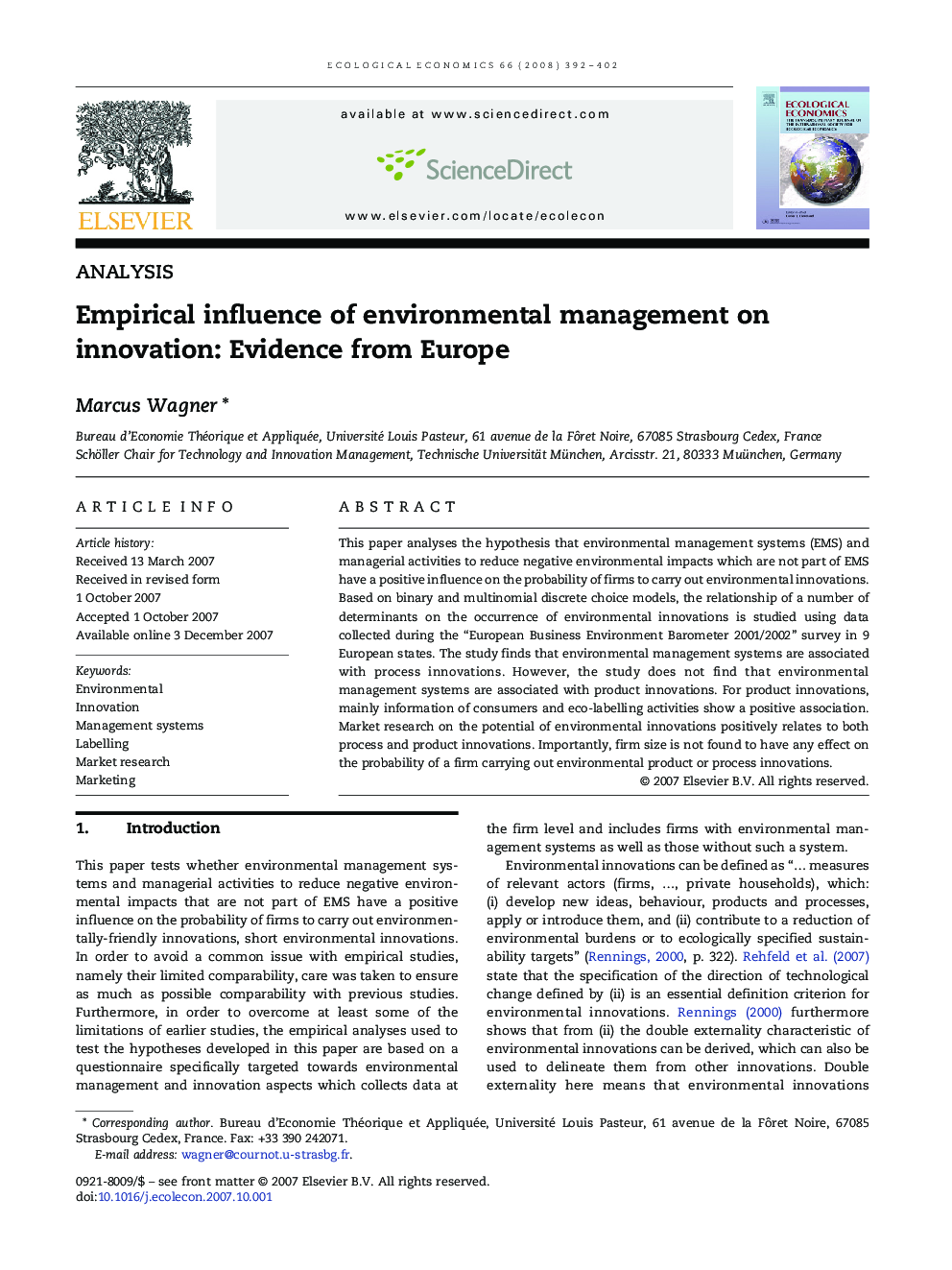 Empirical influence of environmental management on innovation: Evidence from Europe