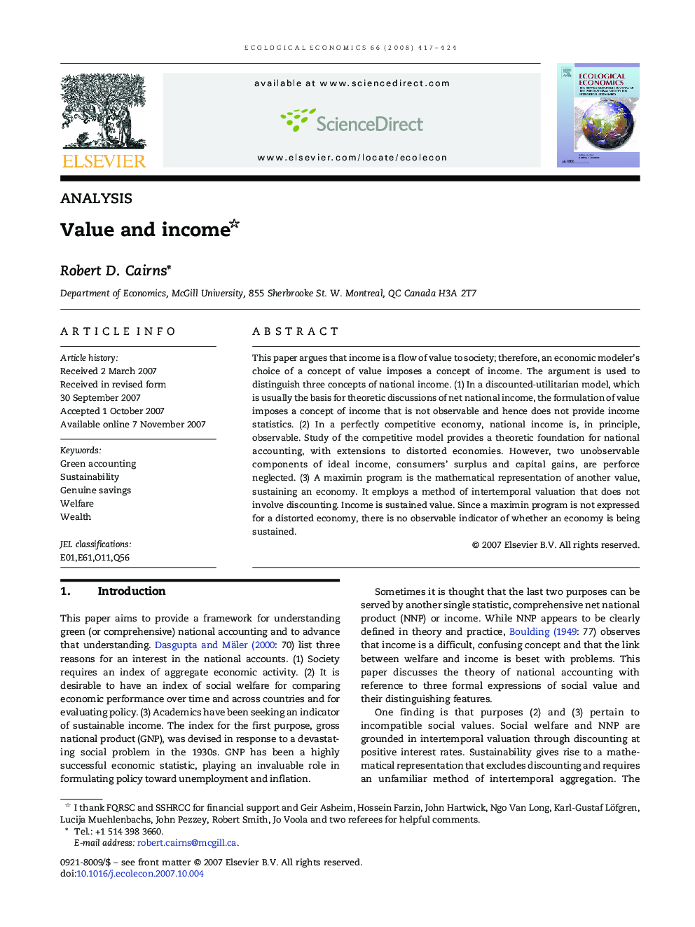 Value and income