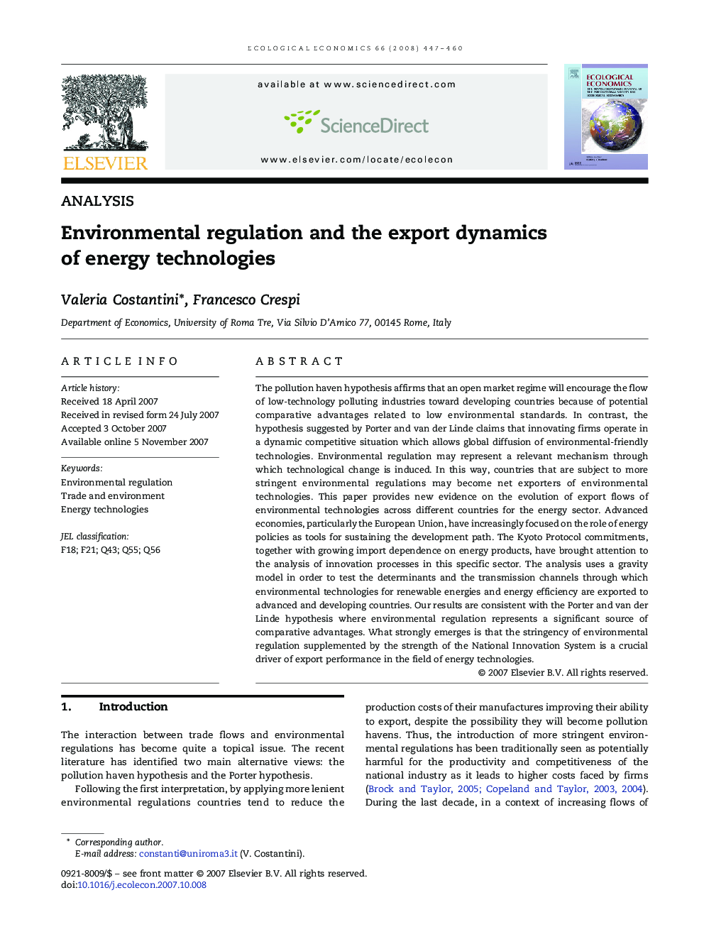 Environmental regulation and the export dynamics of energy technologies