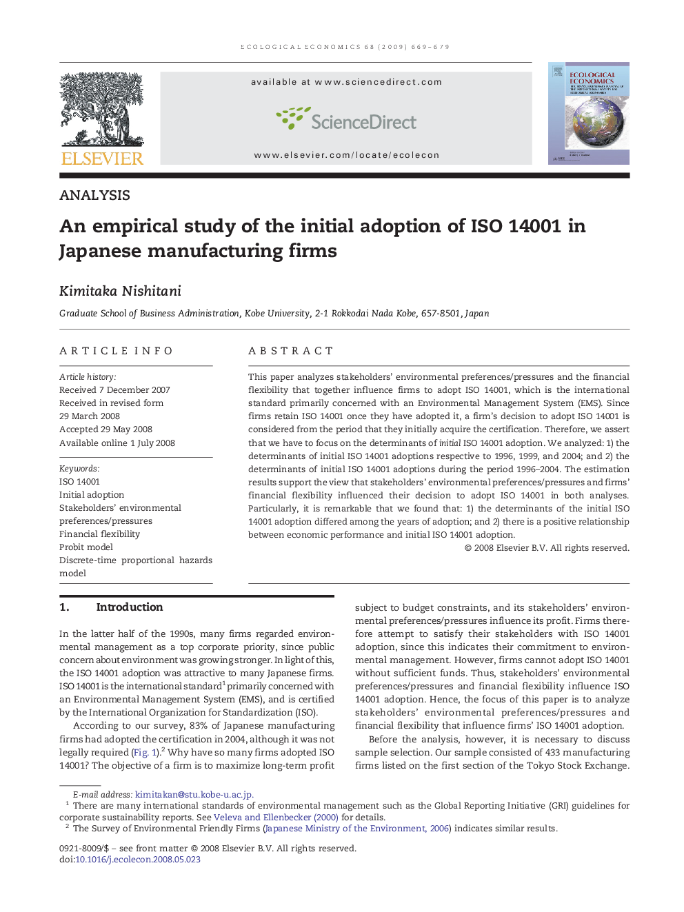 An empirical study of the initial adoption of ISO 14001 in Japanese manufacturing firms