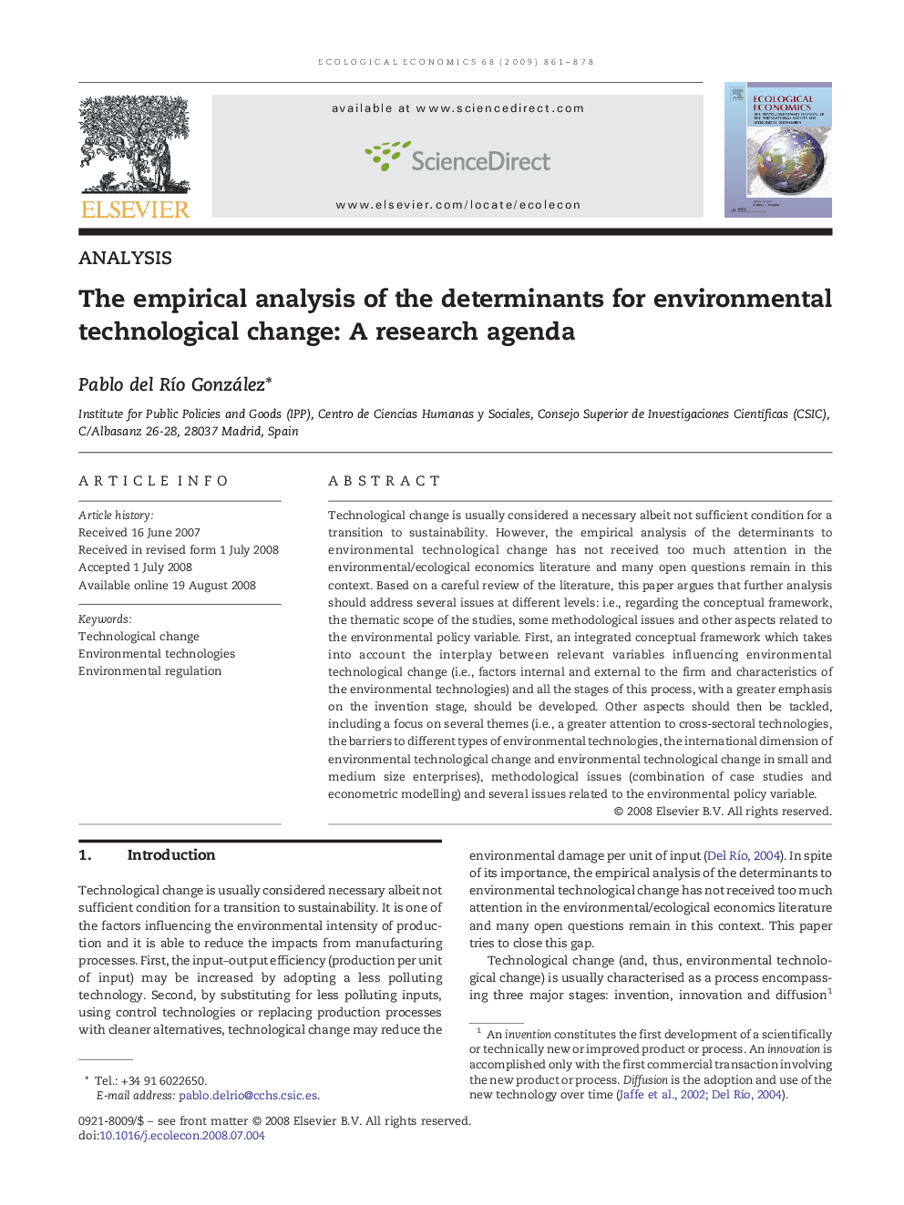 The empirical analysis of the determinants for environmental technological change: A research agenda