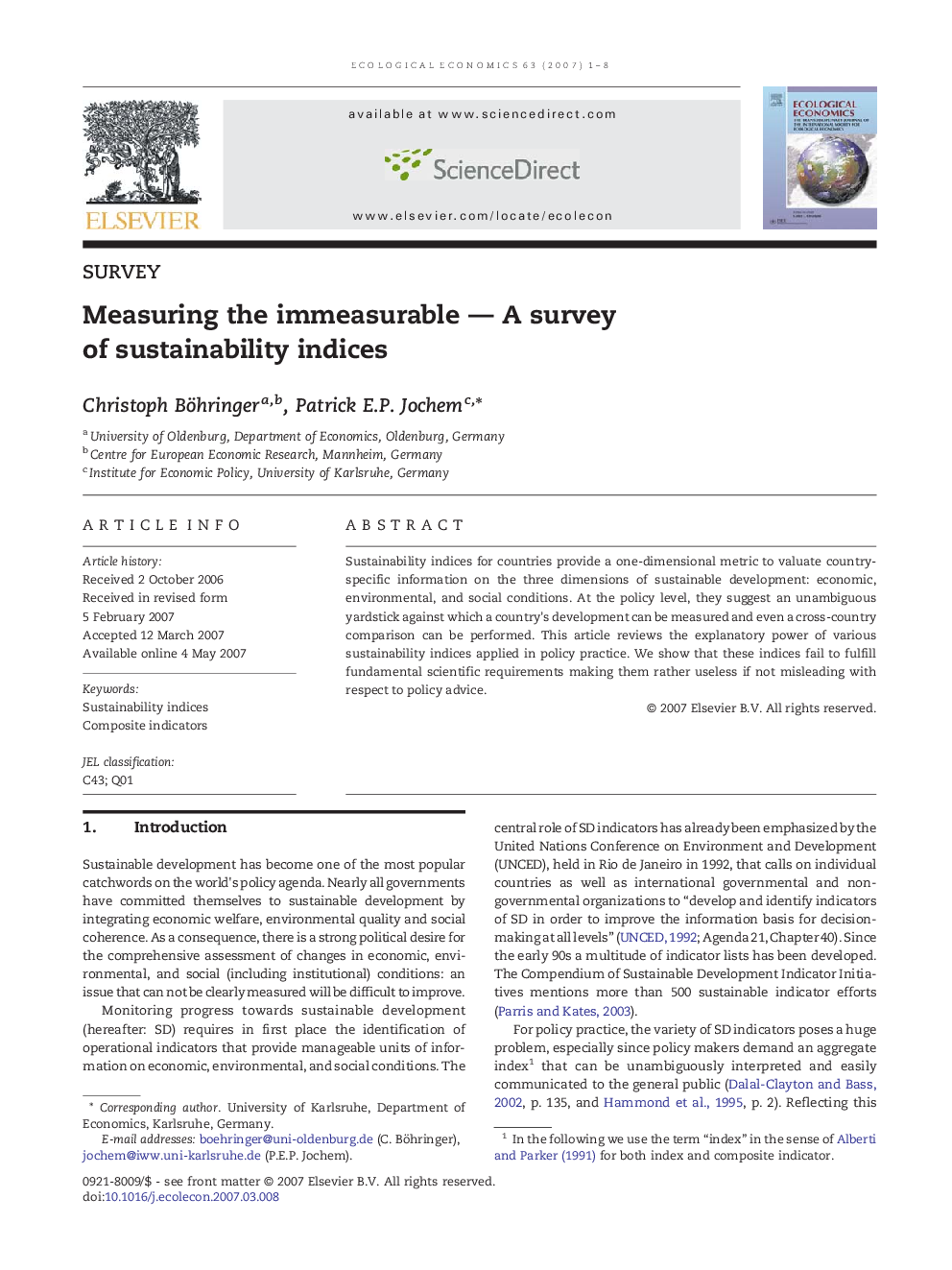 Measuring the immeasurable - A survey of sustainability indices