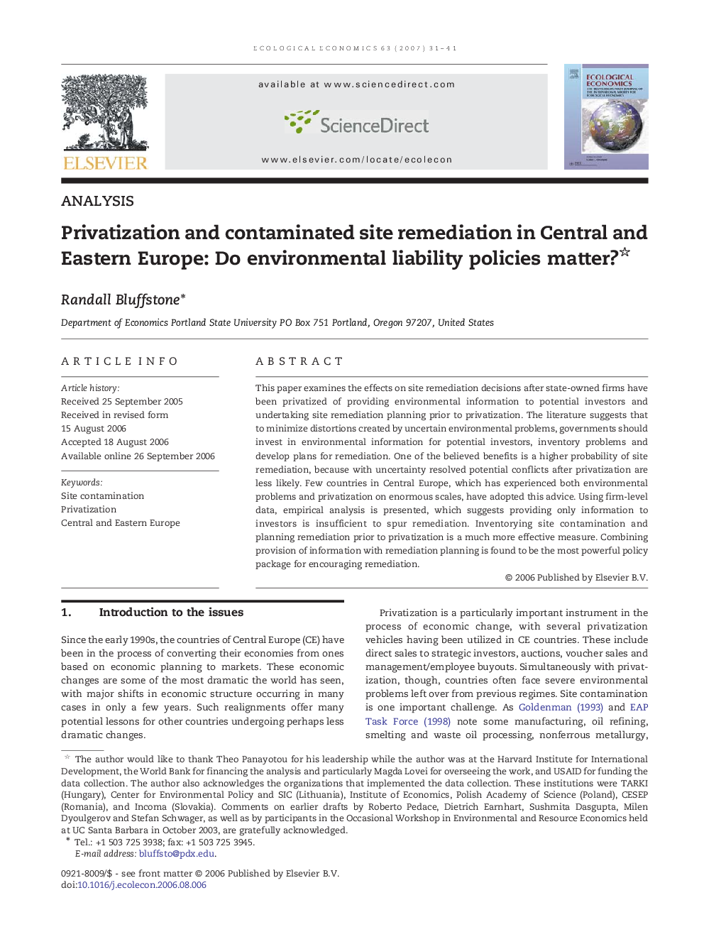 Privatization and contaminated site remediation in Central and Eastern Europe: Do environmental liability policies matter?