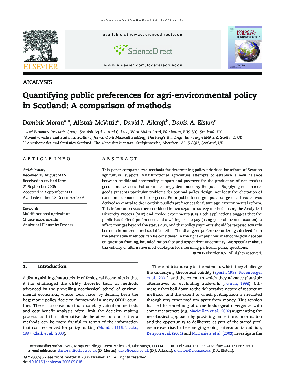 عکس صفحه اول مقاله: Quantifying public preferences for agri-environmental policy in Scotland: A comparison of methods Quantifying public preferences for agri-environmental policy in Scotland: A comparison of methods