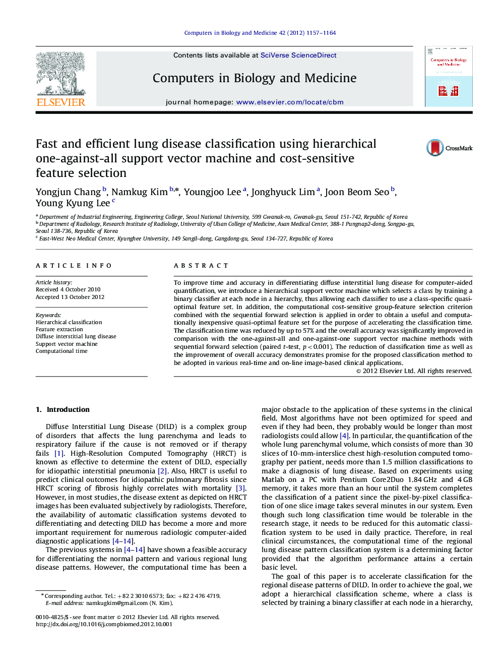 Fast and efficient lung disease classification using hierarchical one-against-all support vector machine and cost-sensitive feature selection