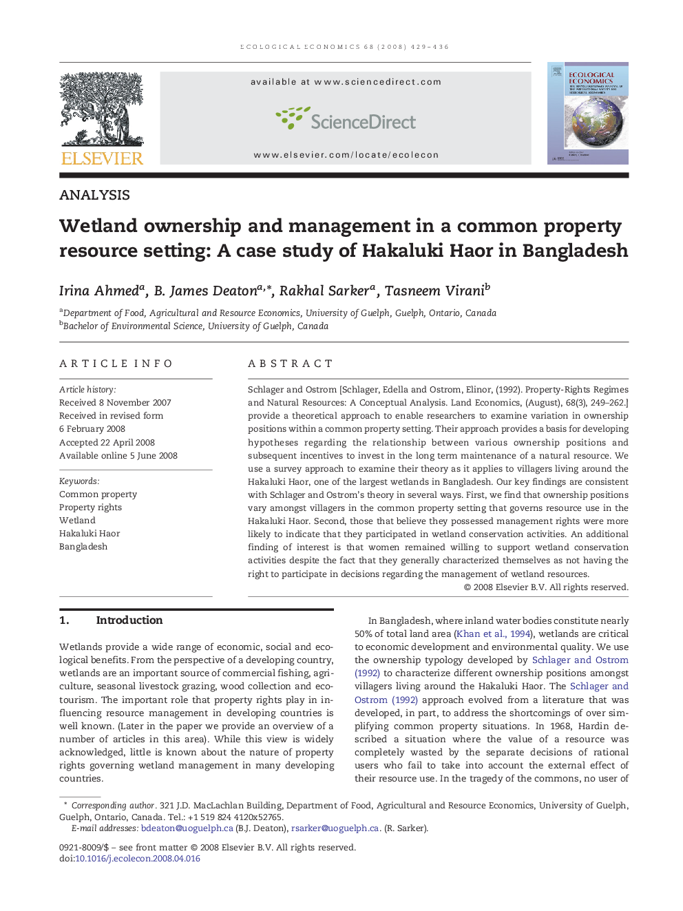 Wetland ownership and management in a common property resource setting: A case study of Hakaluki Haor in Bangladesh