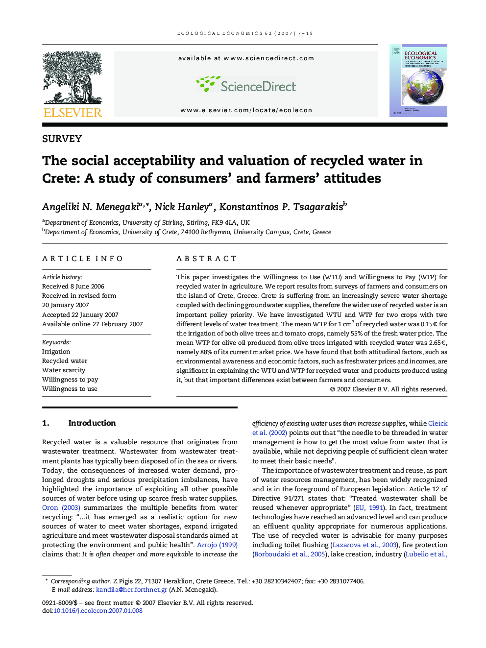 The social acceptability and valuation of recycled water in Crete: A study of consumers' and farmers' attitudes