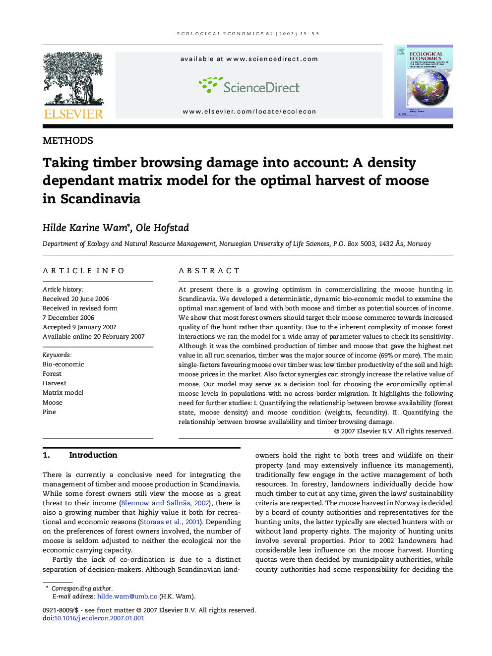 Taking timber browsing damage into account: A density dependant matrix model for the optimal harvest of moose in Scandinavia