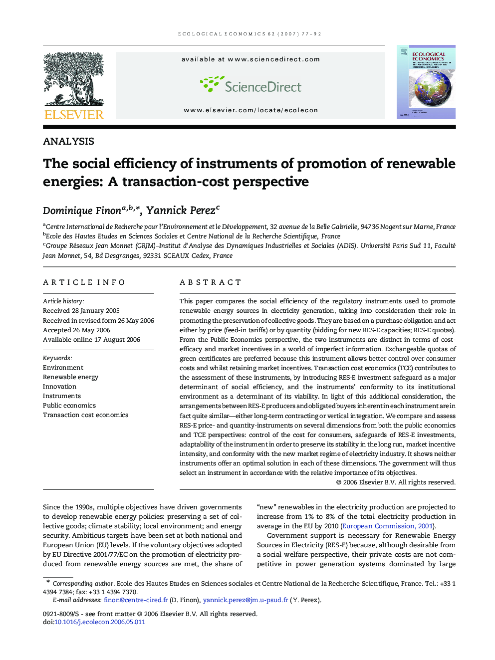 The social efficiency of instruments of promotion of renewable energies: A transaction-cost perspective