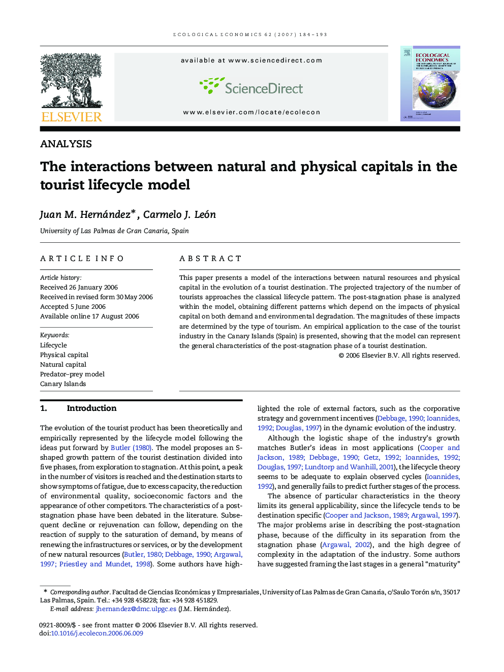 The interactions between natural and physical capitals in the tourist lifecycle model