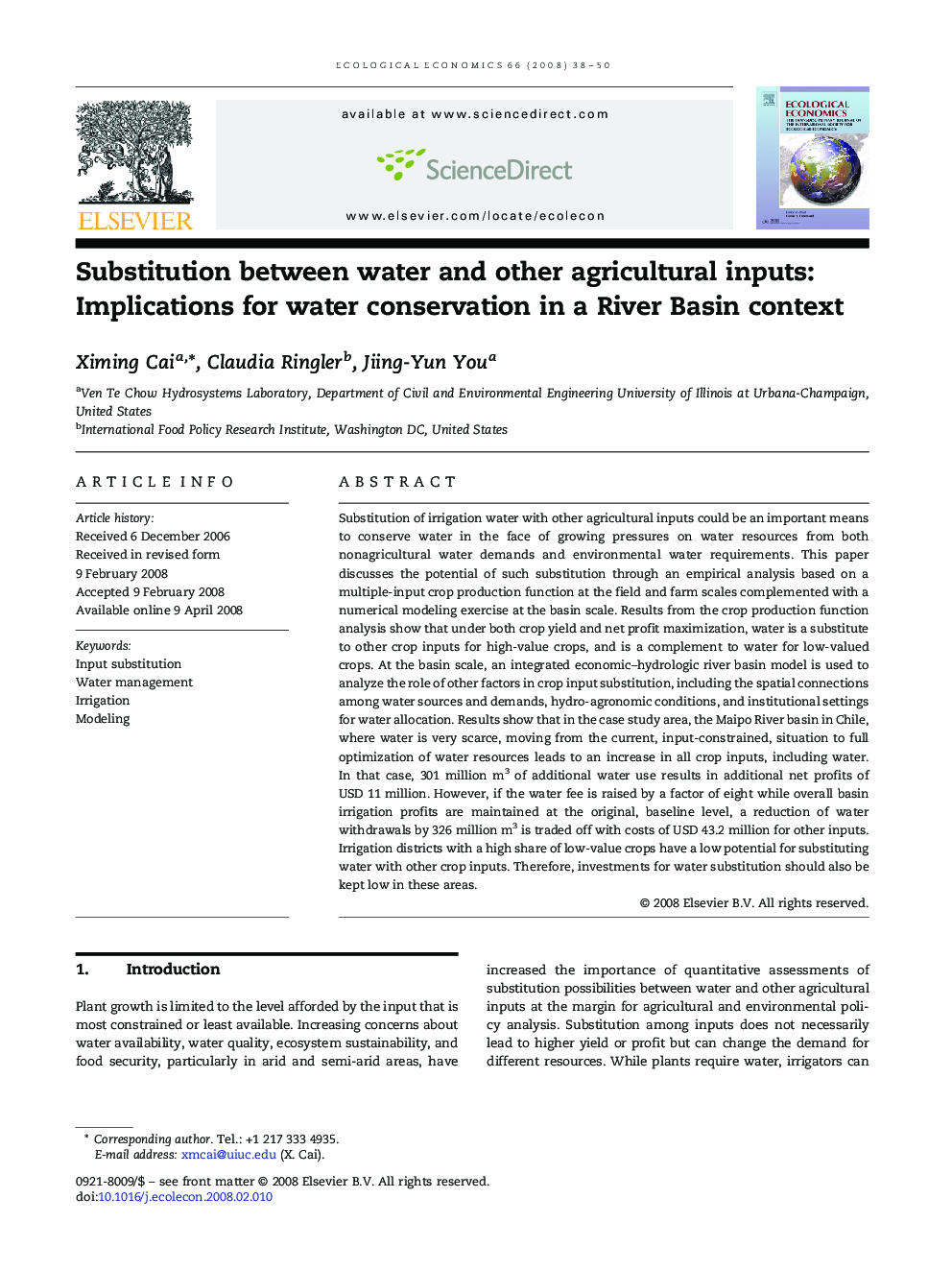 Substitution between water and other agricultural inputs: Implications for water conservation in a River Basin context