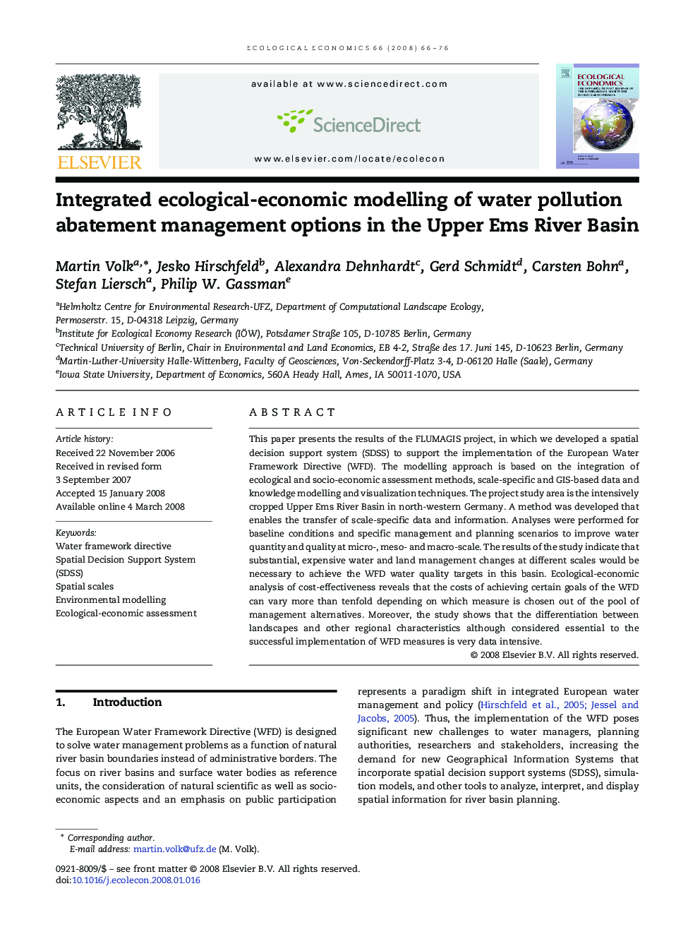 Integrated ecological-economic modelling of water pollution abatement management options in the Upper Ems River Basin