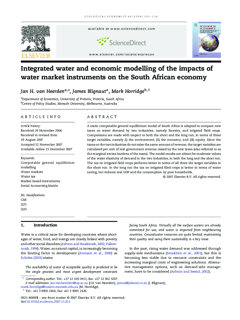 Integrated water and economic modelling of the impacts of water market instruments on the South African economy