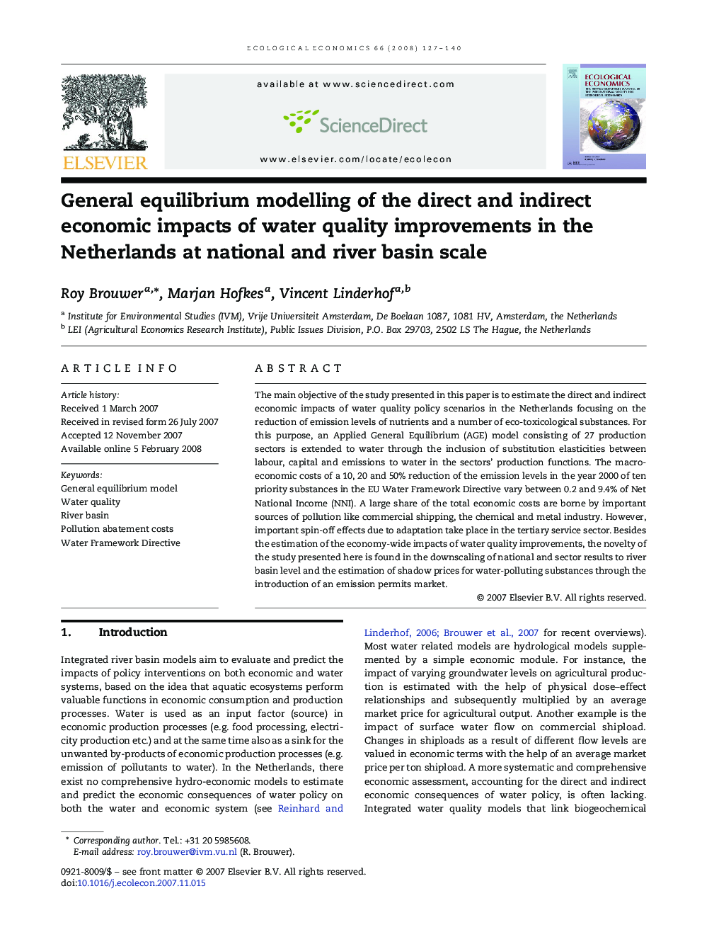 General equilibrium modelling of the direct and indirect economic impacts of water quality improvements in the Netherlands at national and river basin scale