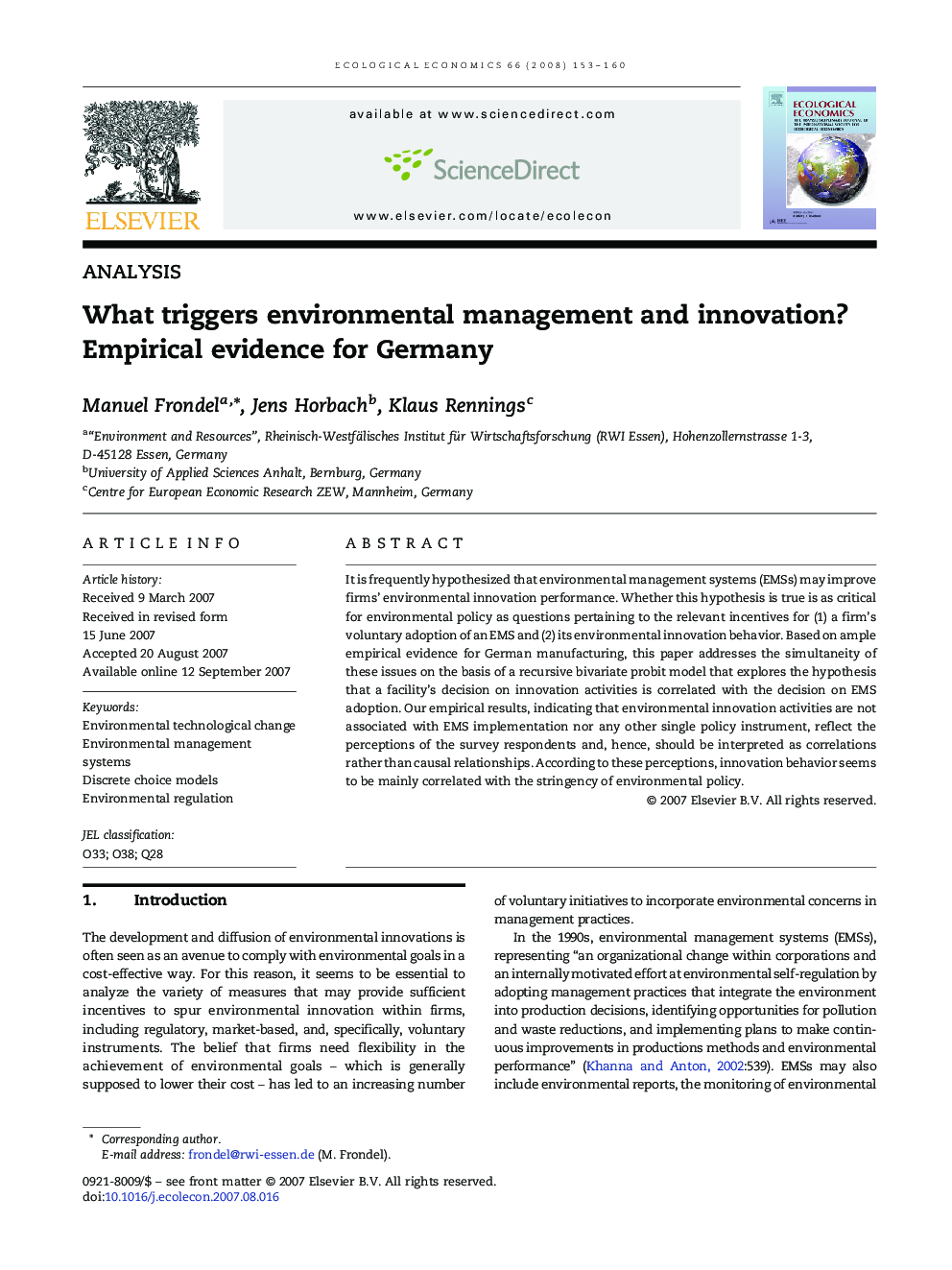 What triggers environmental management and innovation? Empirical evidence for Germany