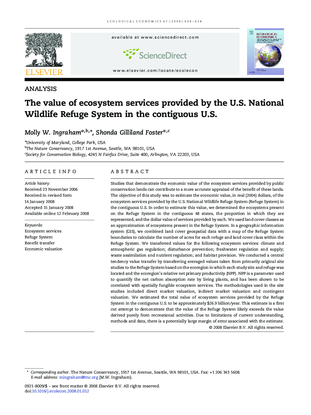 The value of ecosystem services provided by the U.S. National Wildlife Refuge System in the contiguous U.S.