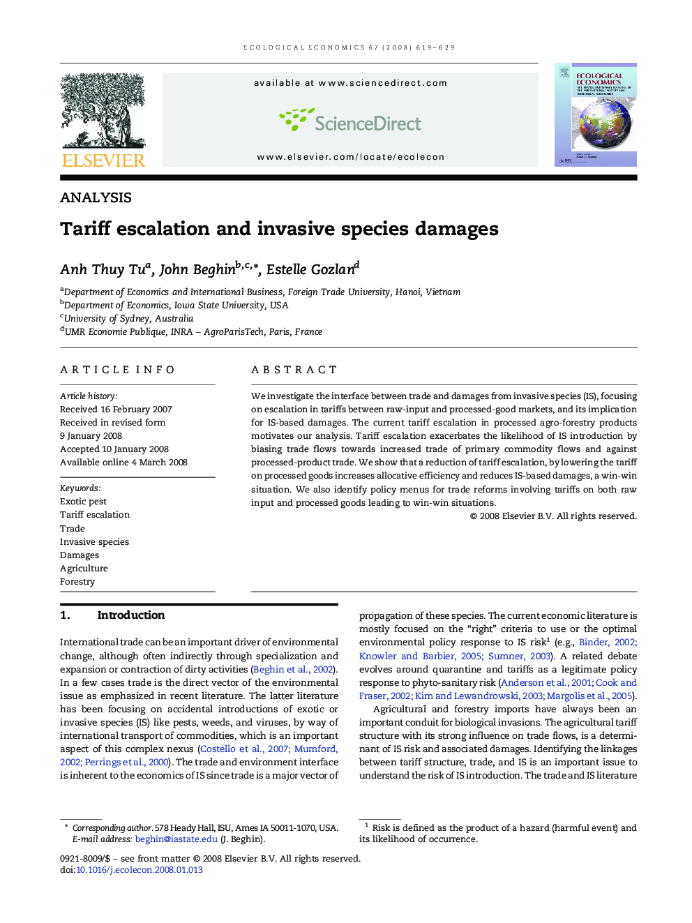 Tariff escalation and invasive species damages