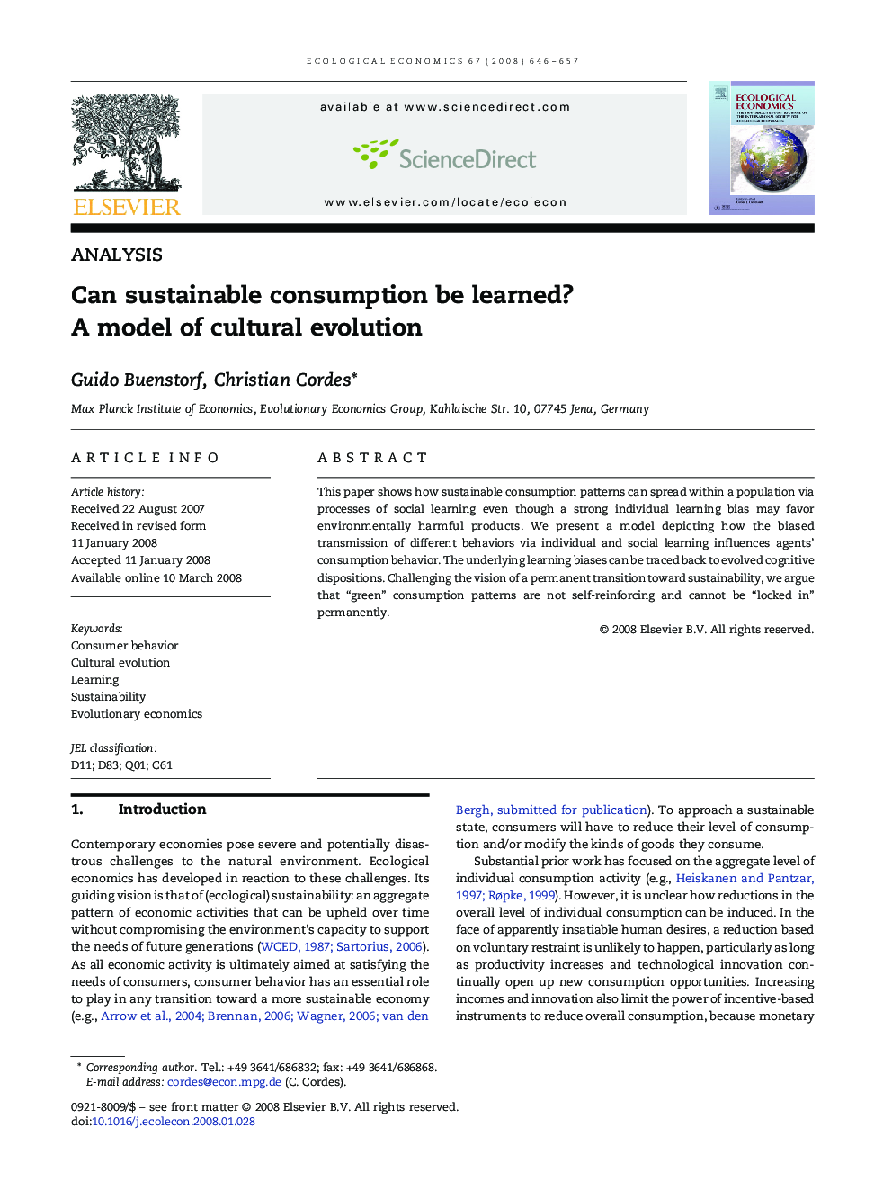 Can sustainable consumption be learned? A model of cultural evolution