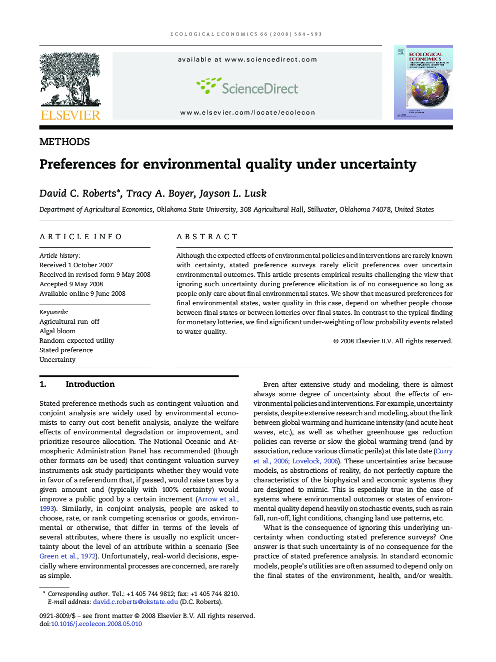 Preferences for environmental quality under uncertainty