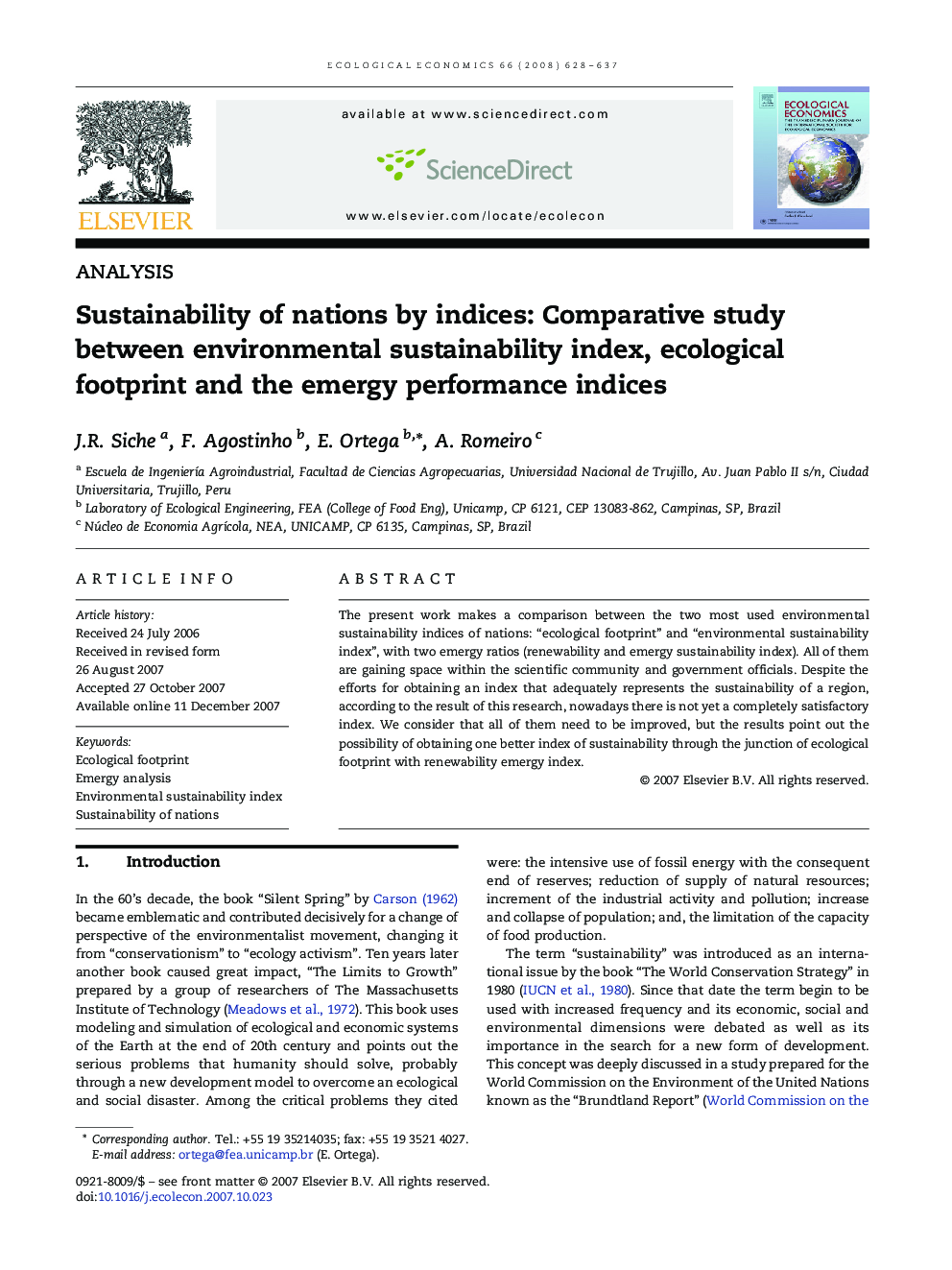 Sustainability of nations by indices: Comparative study between environmental sustainability index, ecological footprint and the emergy performance indices