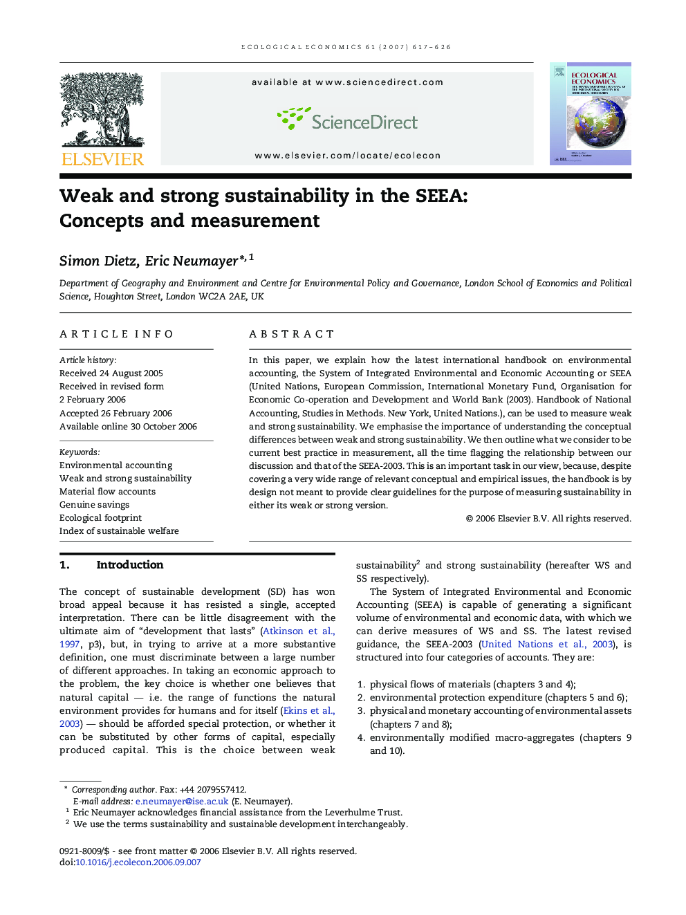 Weak and strong sustainability in the SEEA: Concepts and measurement