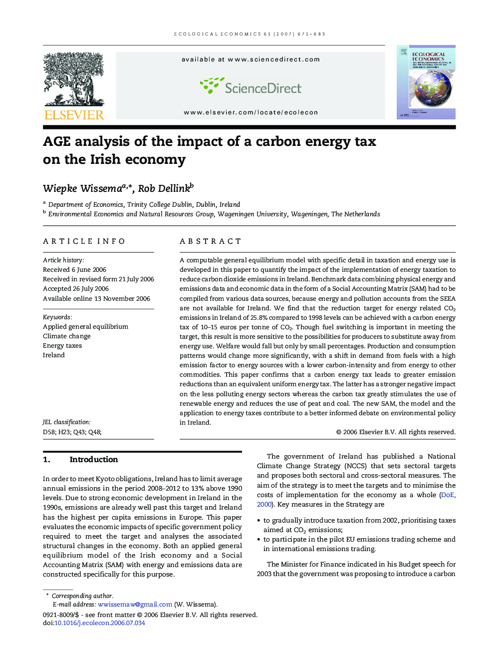 AGE analysis of the impact of a carbon energy tax on the Irish economy