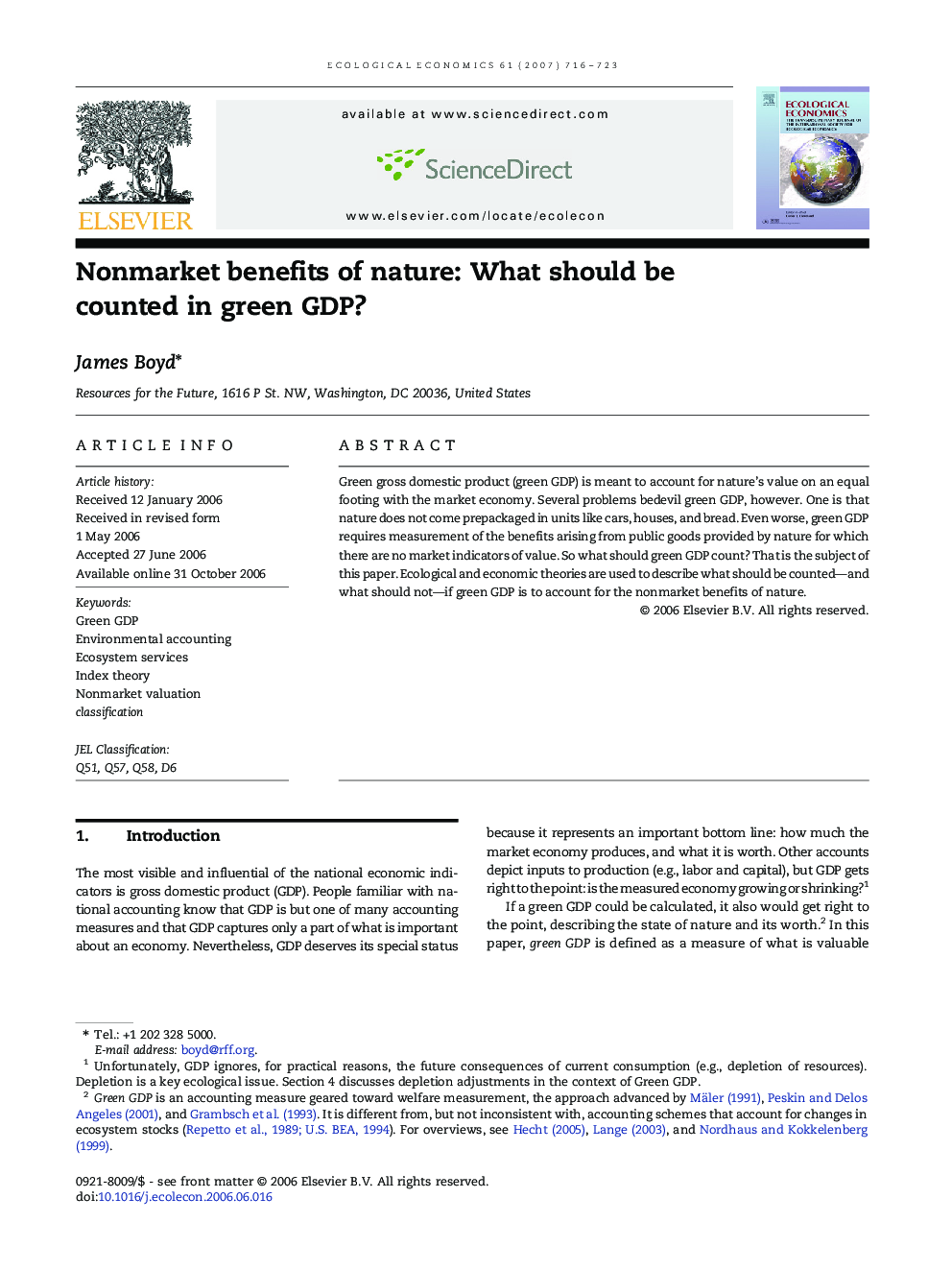 Nonmarket benefits of nature: What should be counted in green GDP?