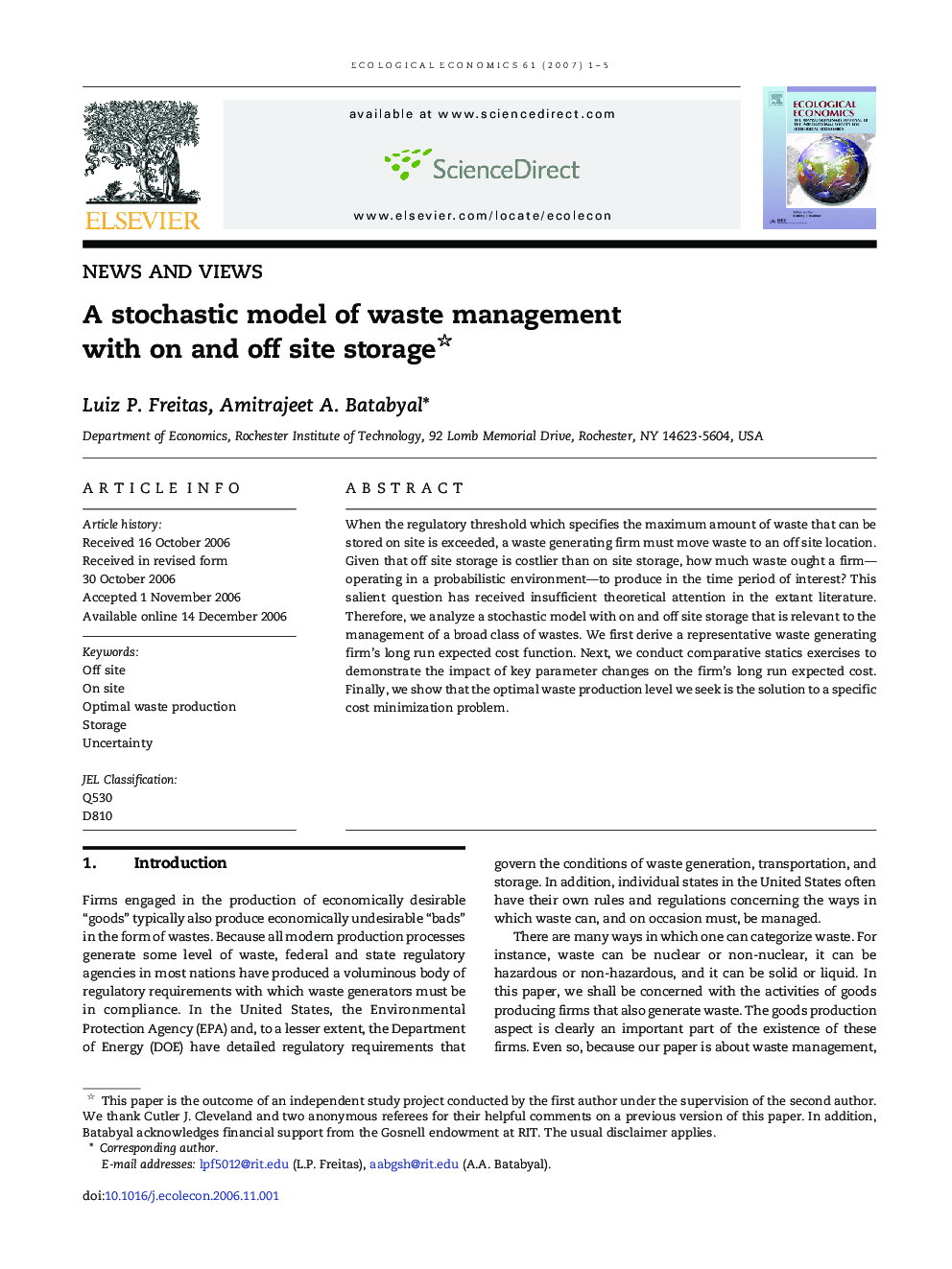 A stochastic model of waste management with on and off site storage