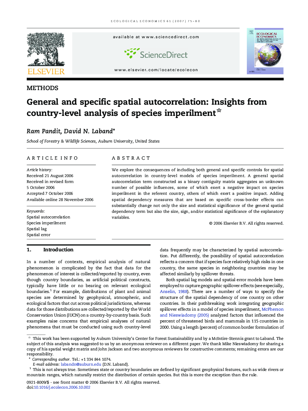 General and specific spatial autocorrelation: Insights from country-level analysis of species imperilment