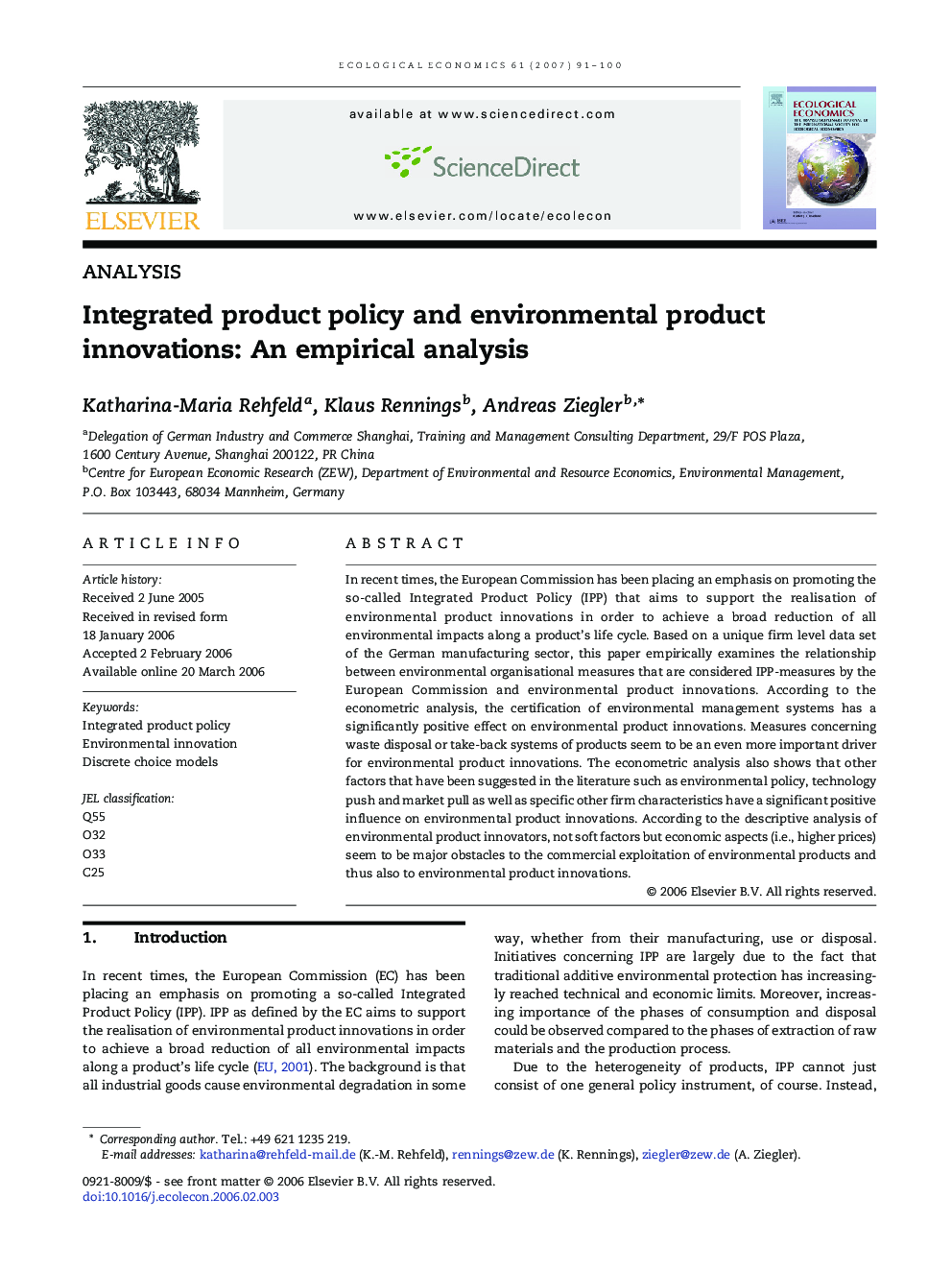 Integrated product policy and environmental product innovations: An empirical analysis