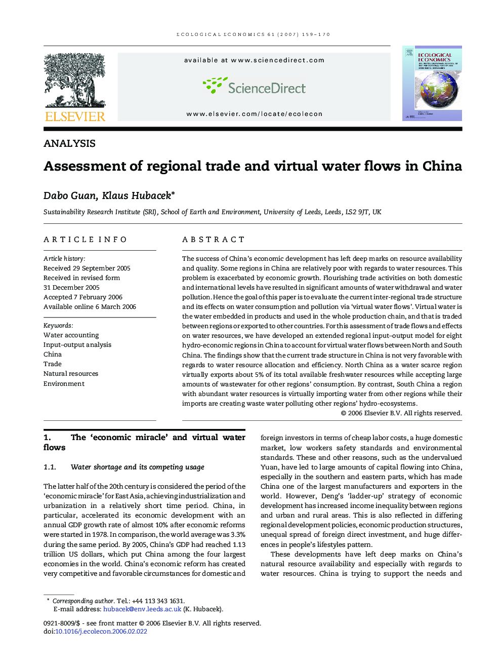 Assessment of regional trade and virtual water flows in China