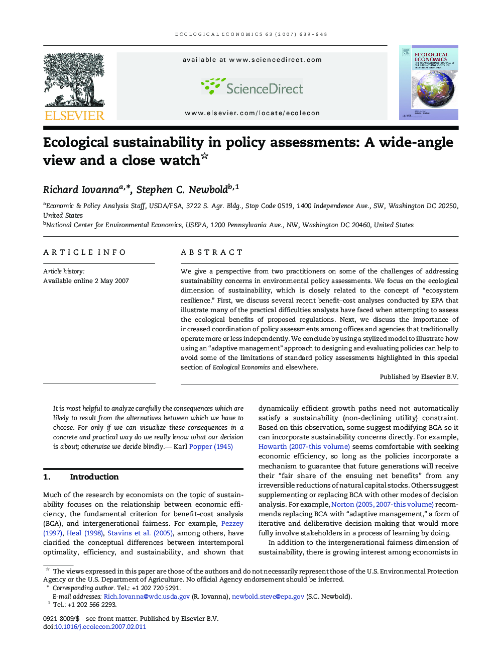 Ecological sustainability in policy assessments: A wide-angle view and a close watch