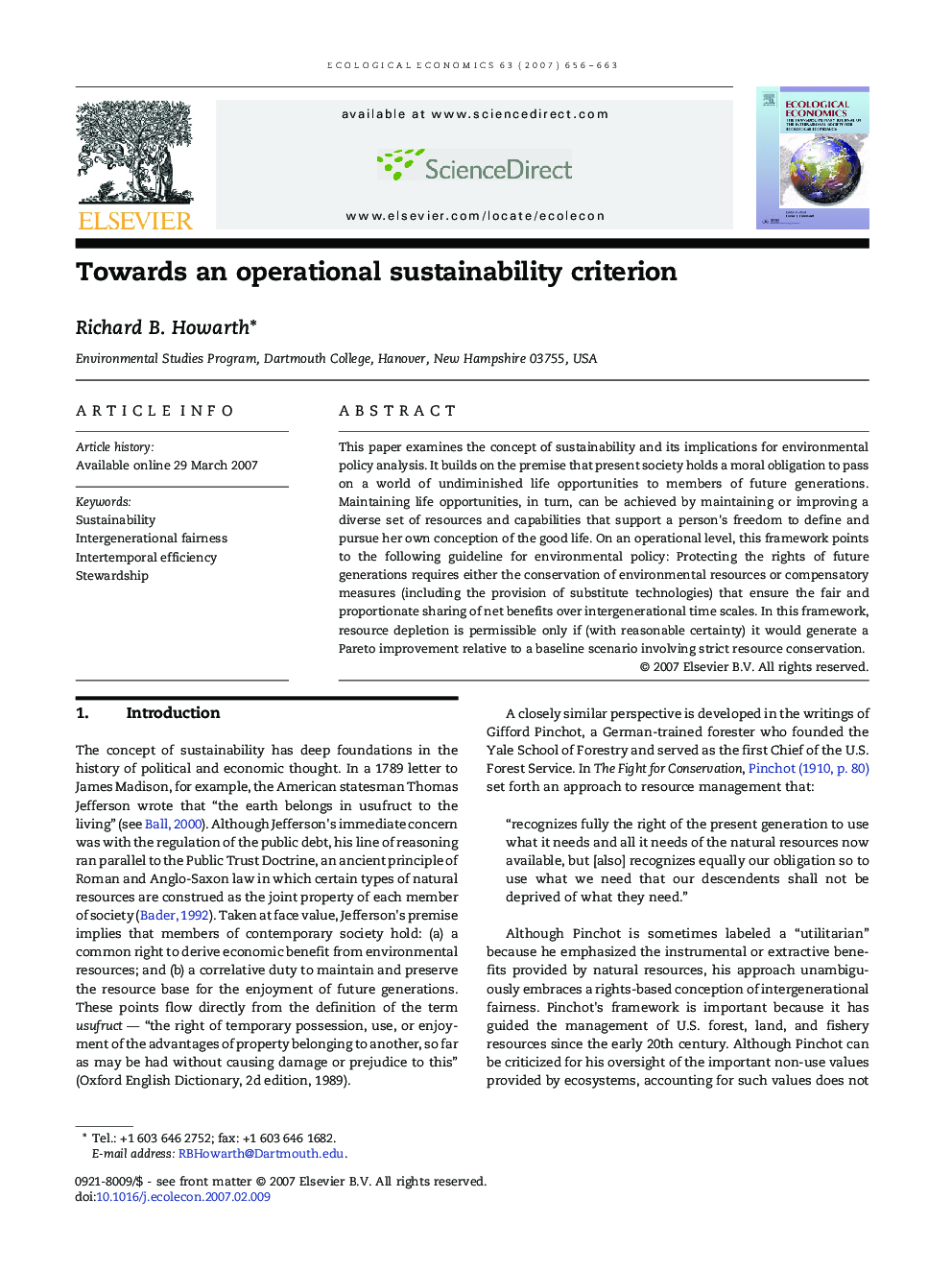 Towards an operational sustainability criterion