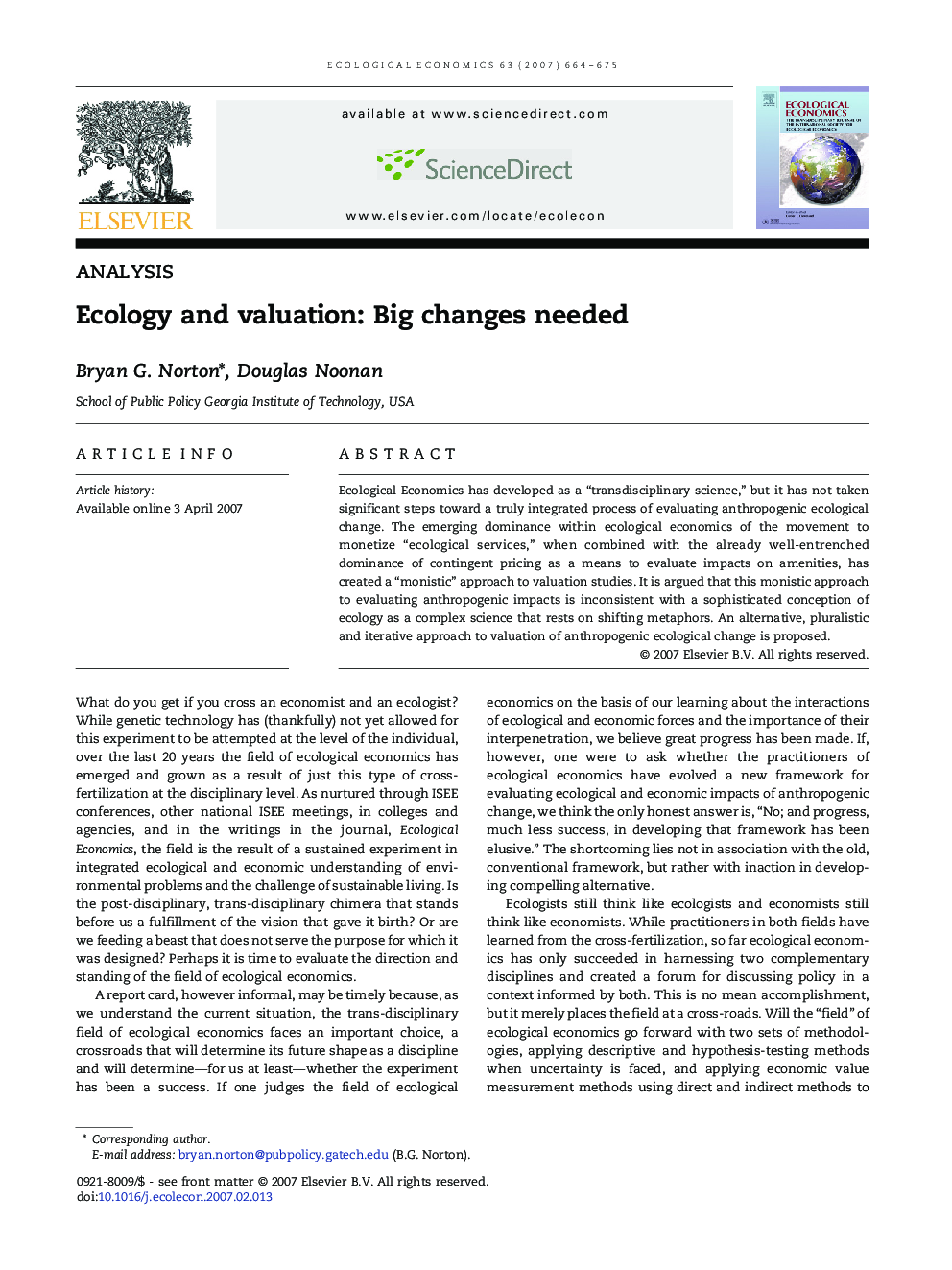 عکس صفحه اول مقاله: Ecology and valuation: Big changes needed Ecology and valuation: Big changes needed