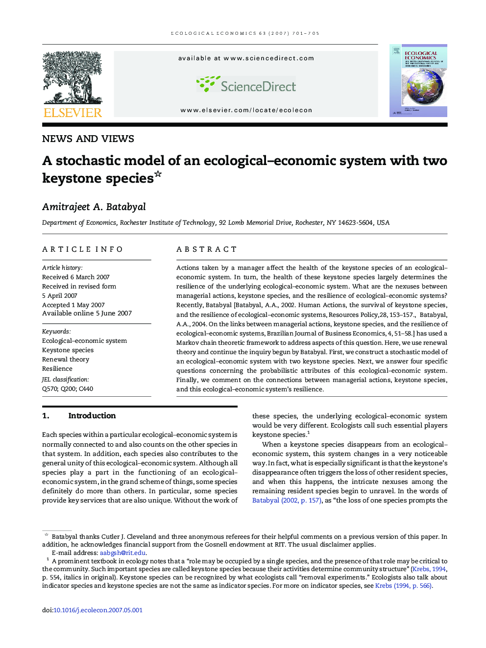 A stochastic model of an ecological-economic system with two keystone species
