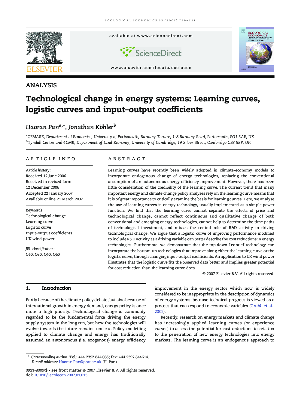 Technological change in energy systems: Learning curves, logistic curves and input-output coefficients