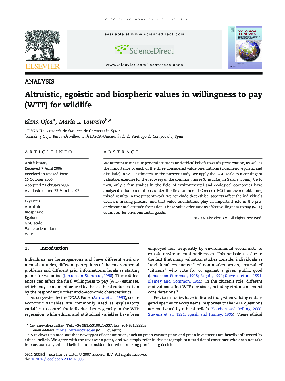 Altruistic, egoistic and biospheric values in willingness to pay (WTP) for wildlife