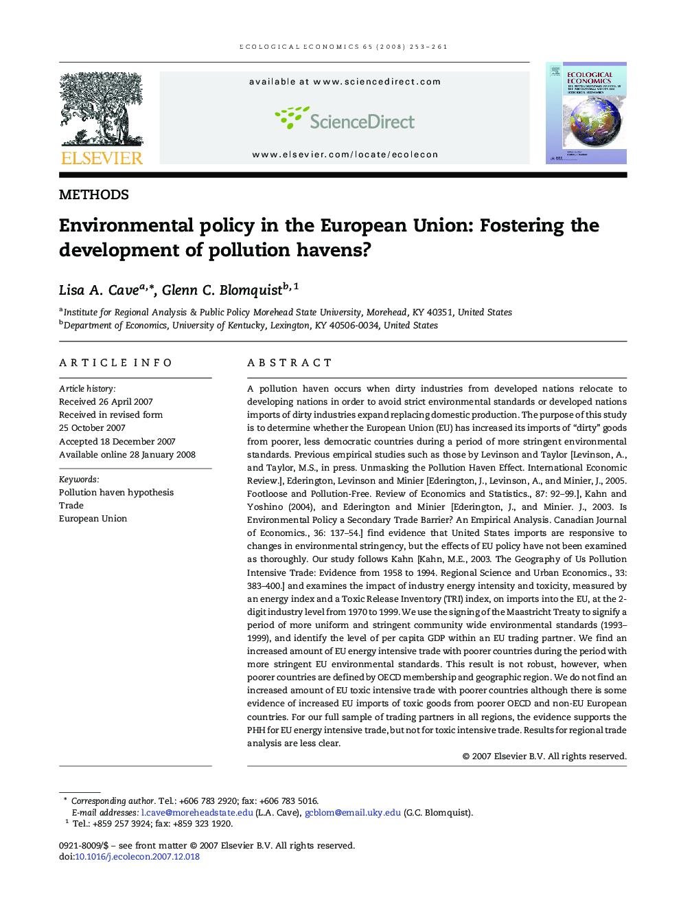 Environmental policy in the European Union: Fostering the development of pollution havens?