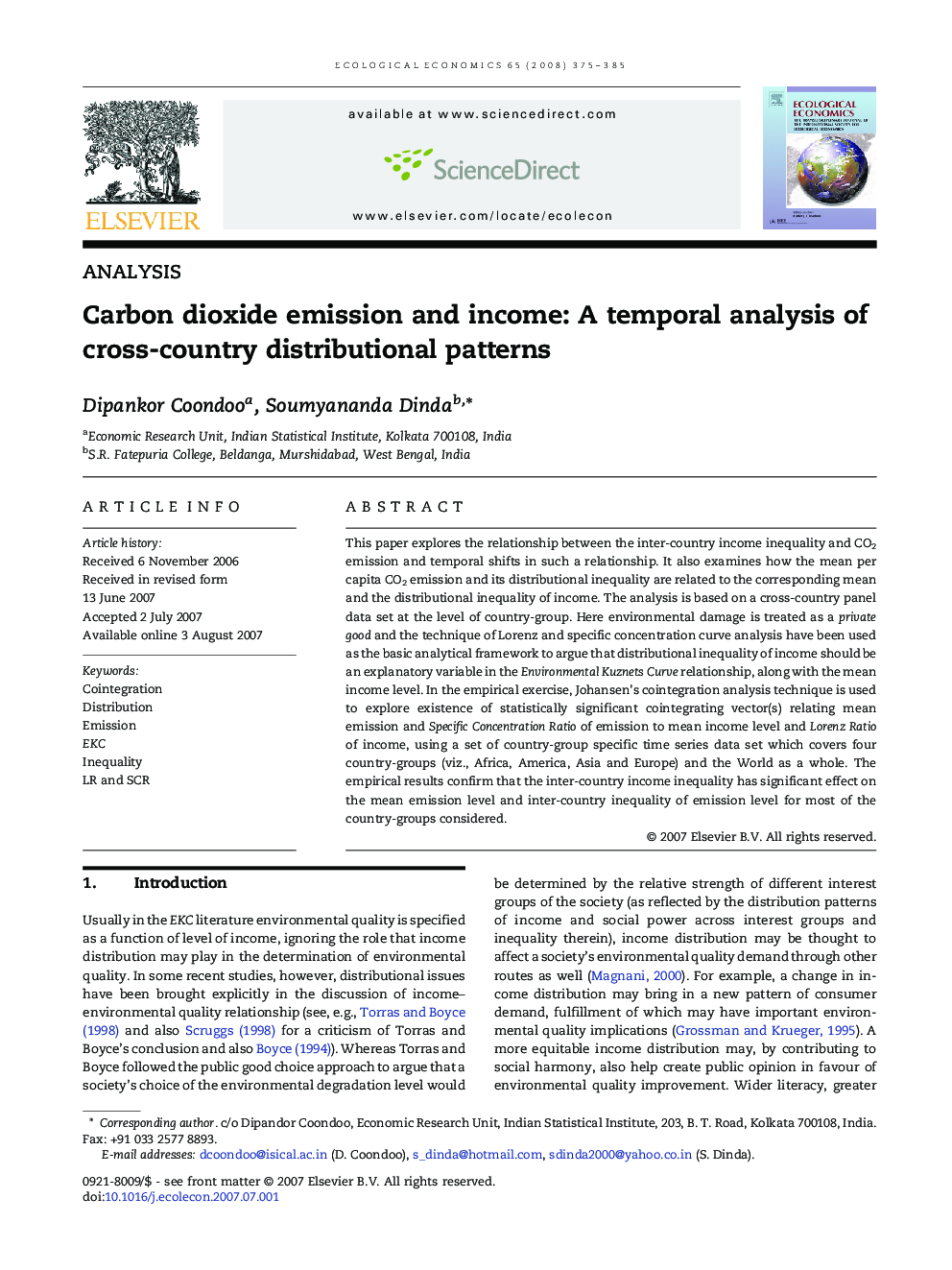 Carbon dioxide emission and income: A temporal analysis of cross-country distributional patterns