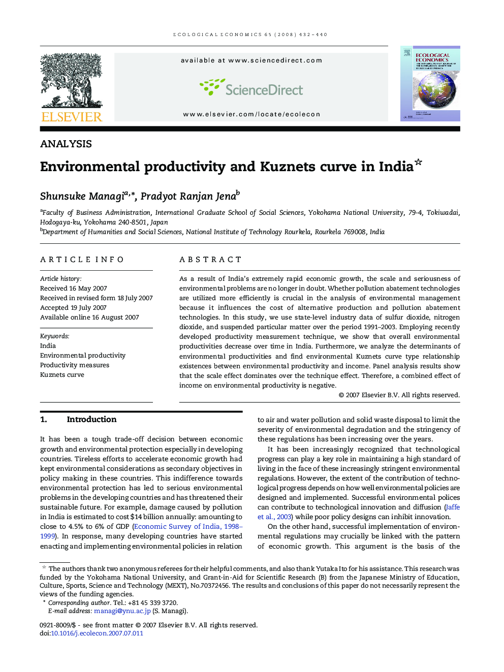 Environmental productivity and Kuznets curve in India