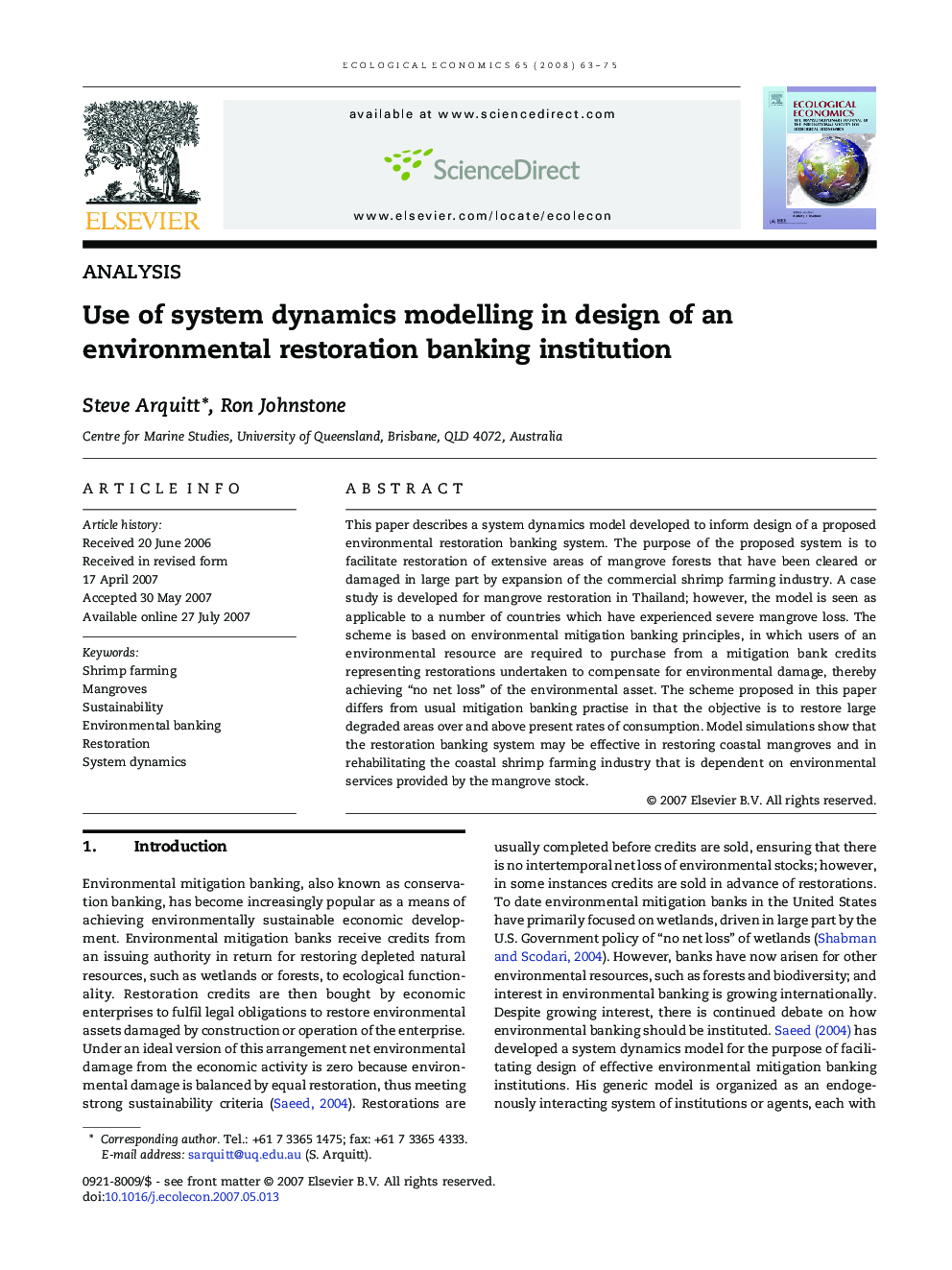 Use of system dynamics modelling in design of an environmental restoration banking institution