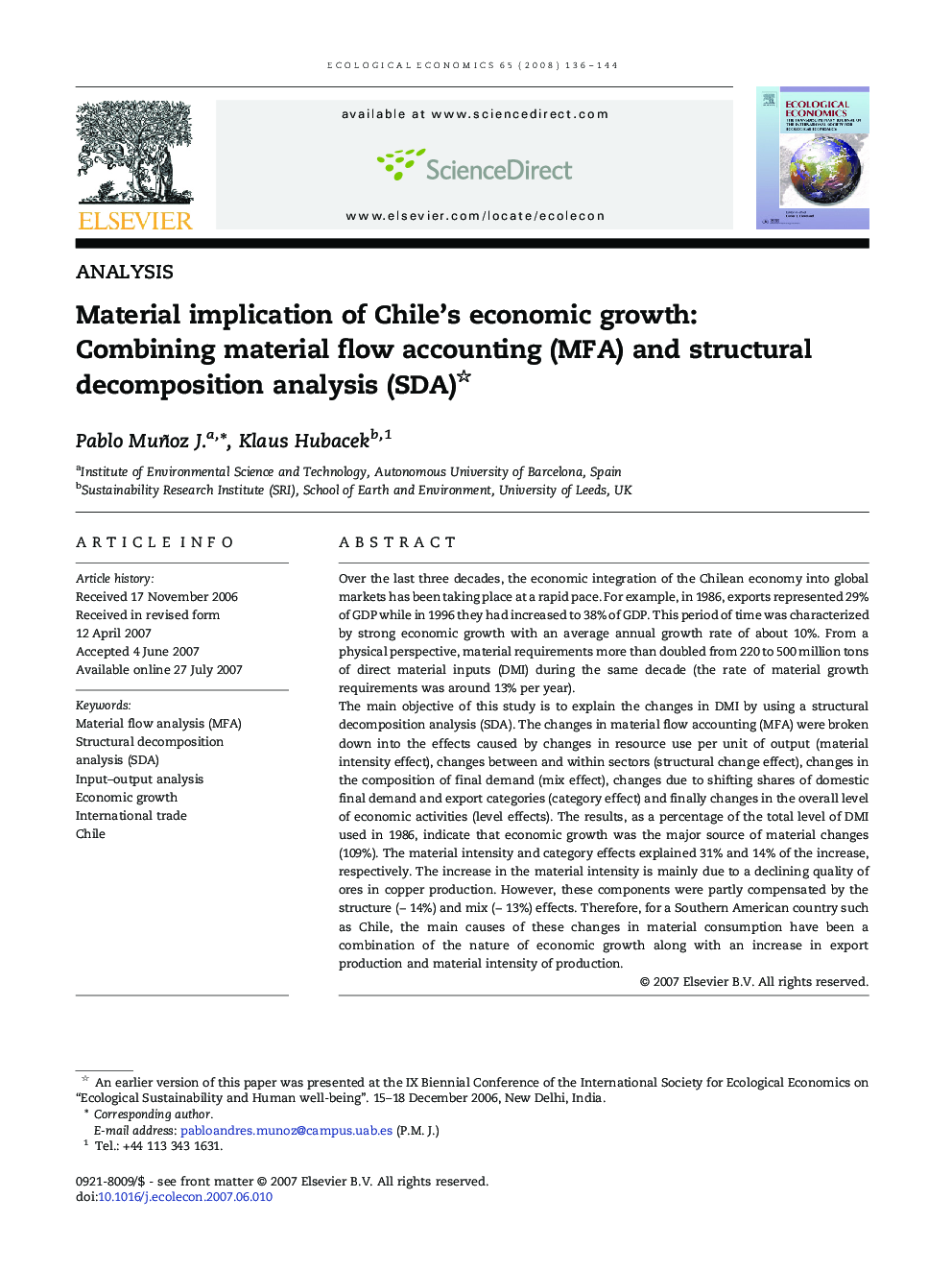 Material implication of Chile's economic growth: Combining material flow accounting (MFA) and structural decomposition analysis (SDA)