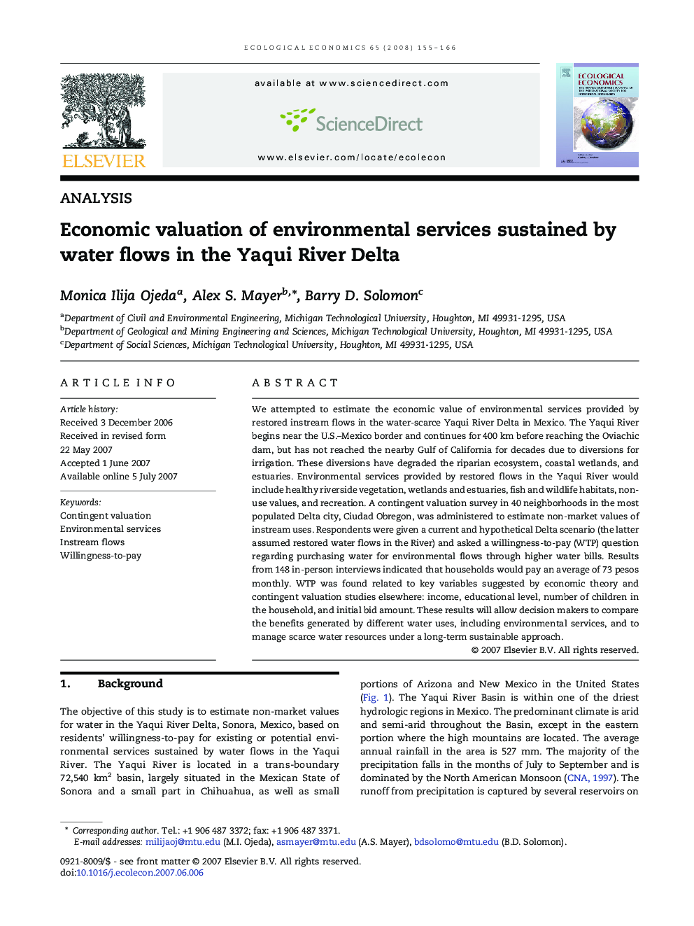 Economic valuation of environmental services sustained by water flows in the Yaqui River Delta