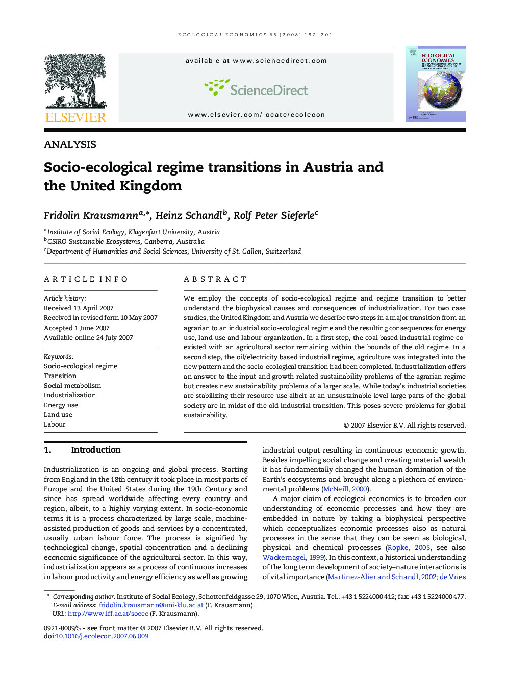 عکس صفحه اول مقاله: Socio-ecological regime transitions in Austria and the United Kingdom Socio-ecological regime transitions in Austria and the United Kingdom