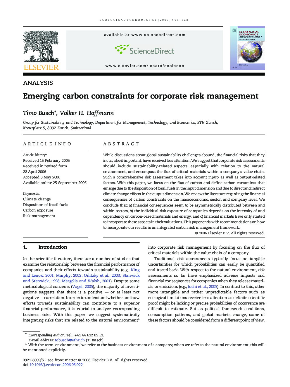 Emerging carbon constraints for corporate risk management